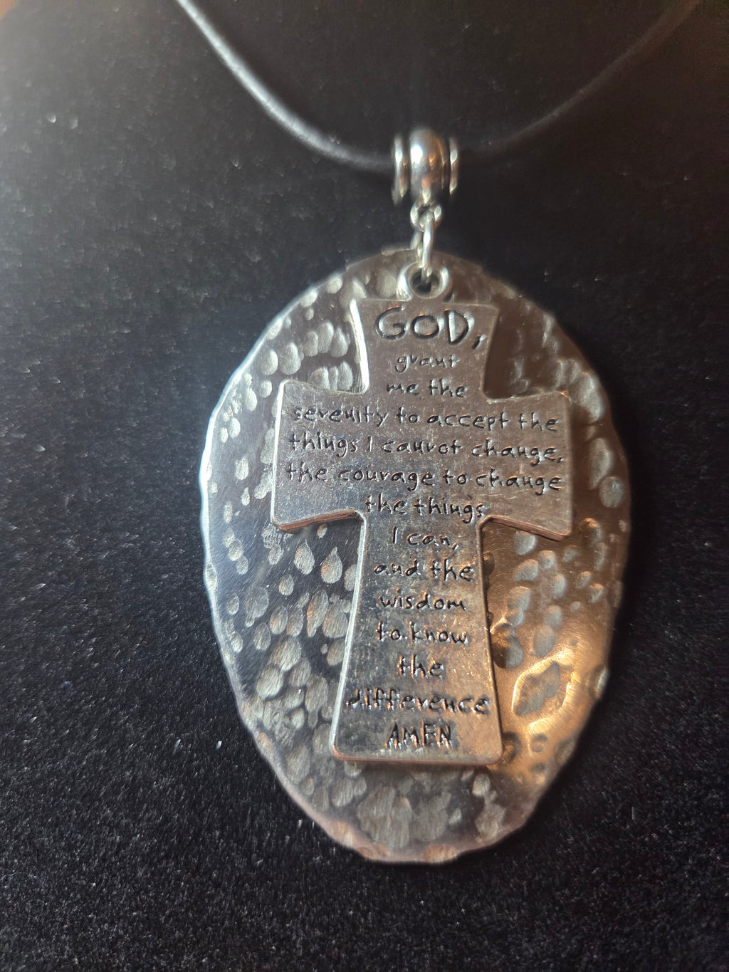 Handmade Serenity Prayer Cross Necklace ✝️ Silver Spoon Pendant • Adjustable Leather Cord