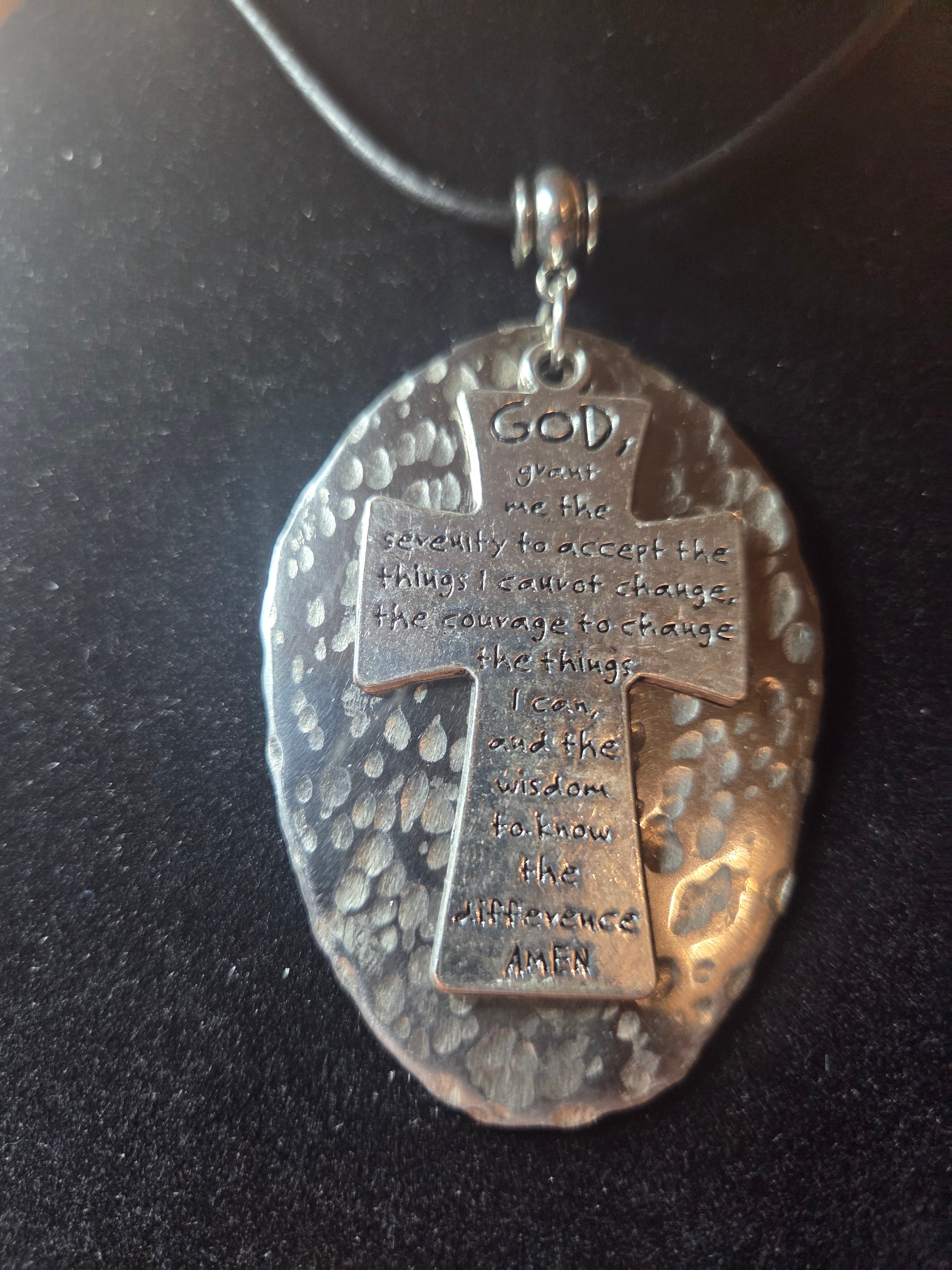 Handmade Serenity Prayer Cross Necklace ✝️ Silver Spoon Pendant • Adjustable Leather Cord