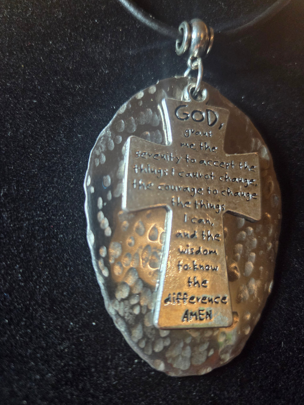 Handmade Serenity Prayer Cross Necklace ✝️ Silver Spoon Pendant • Adjustable Leather Cord