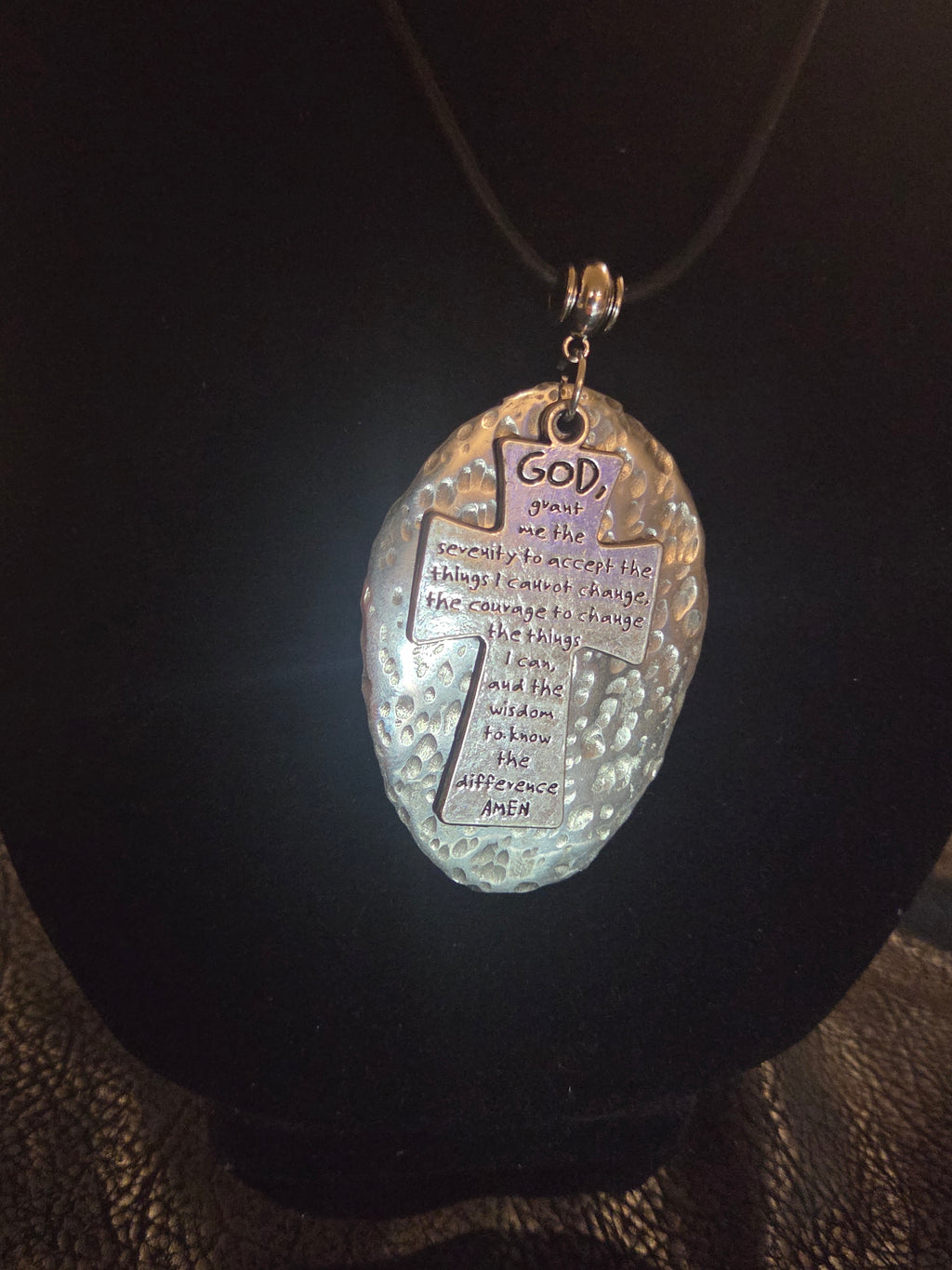 Handmade Serenity Prayer Cross Necklace ✝️ Silver Spoon Pendant • Adjustable Leather Cord