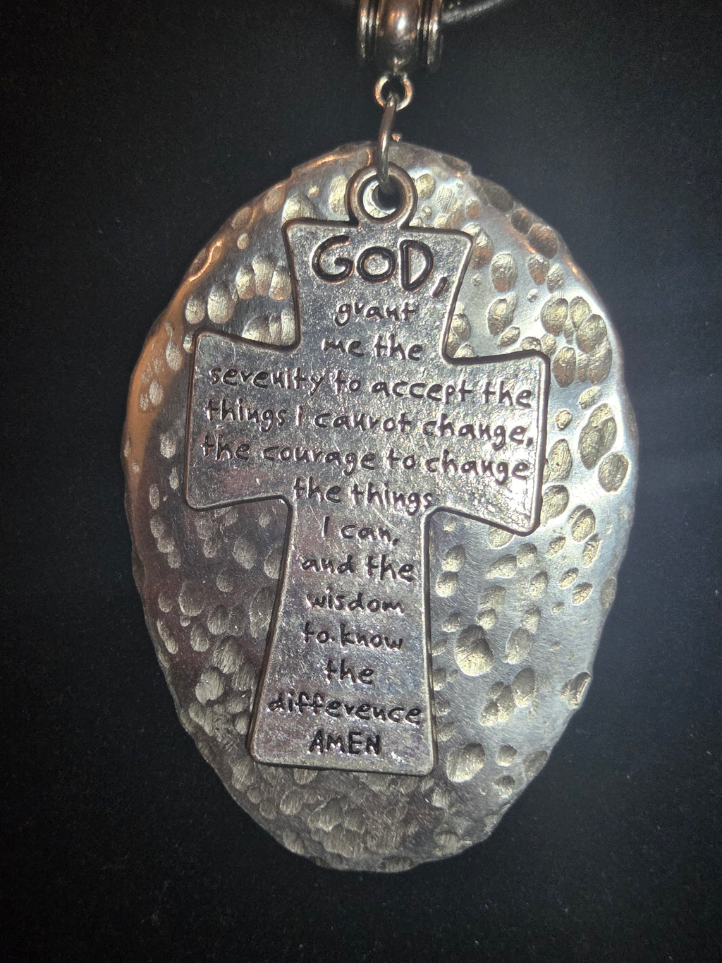 Handmade Serenity Prayer Cross Necklace ✝️ Silver Spoon Pendant • Adjustable Leather Cord