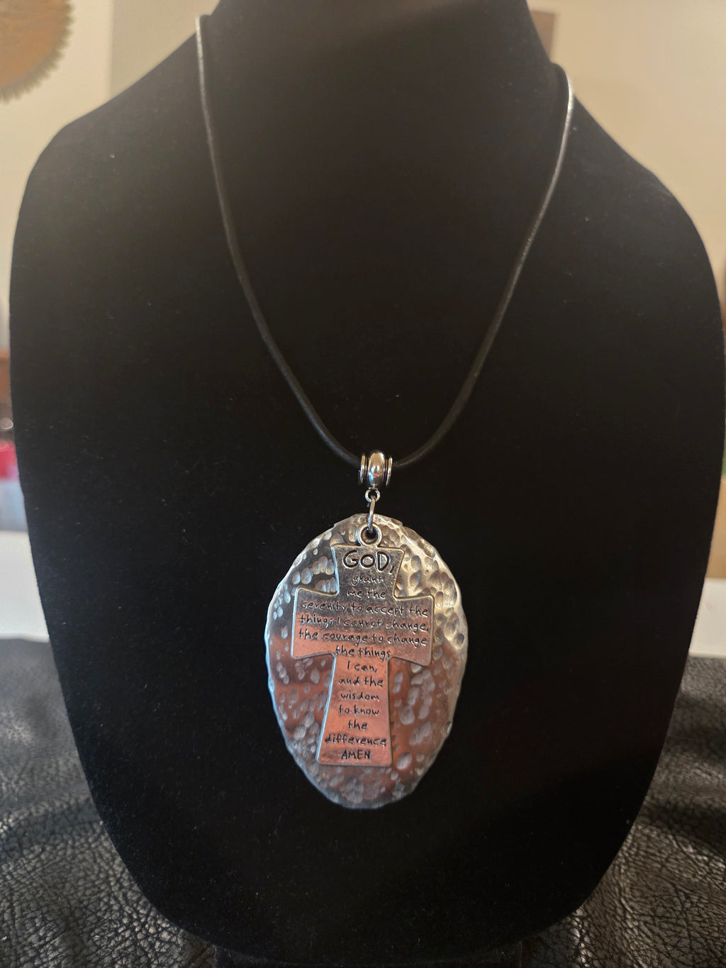 Handmade Serenity Prayer Cross Necklace ✝️ Silver Spoon Pendant • Adjustable Leather Cord