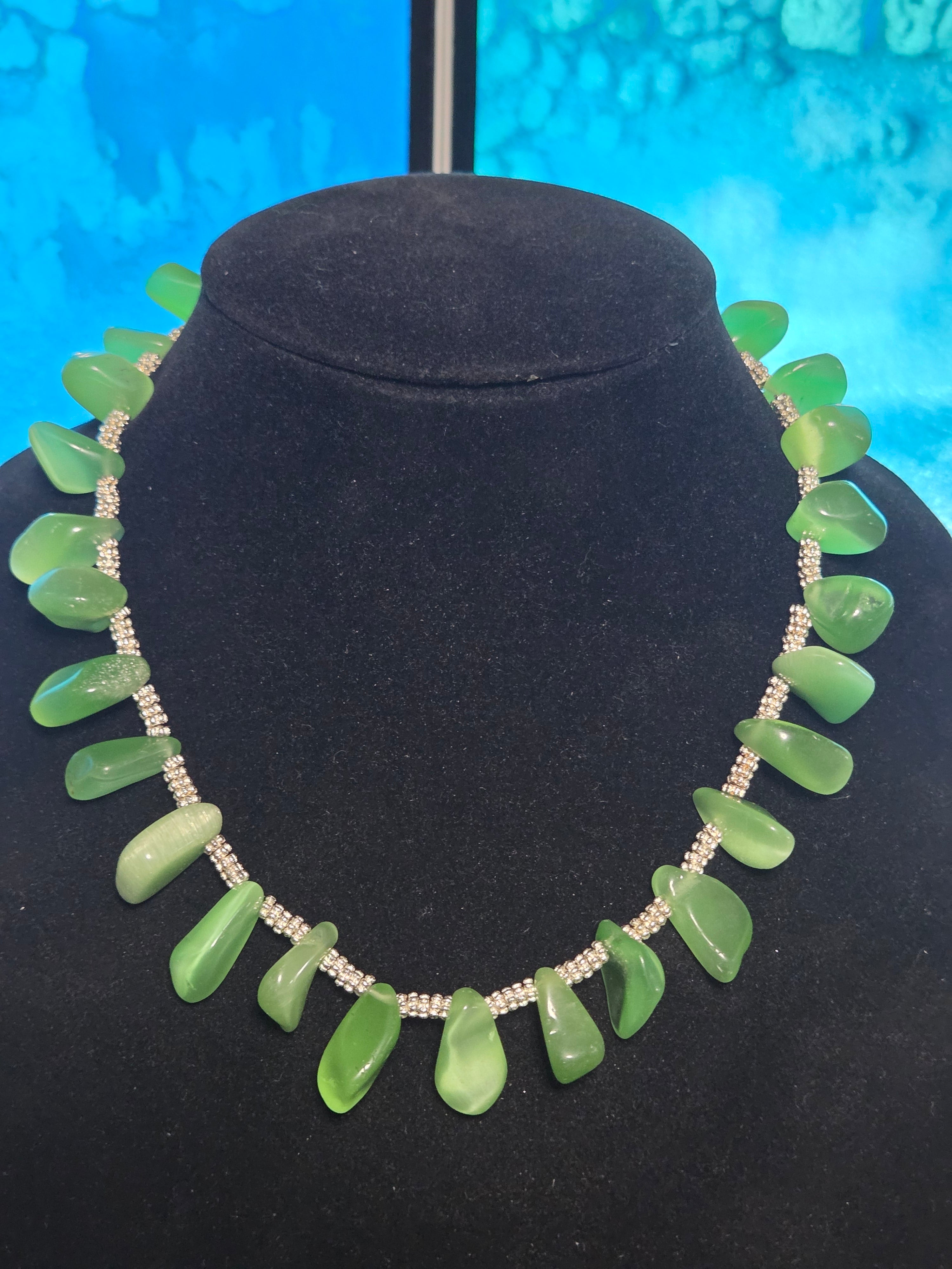 Coastal Sea Glass Necklace – Green Ocean Charm with Silver Accents