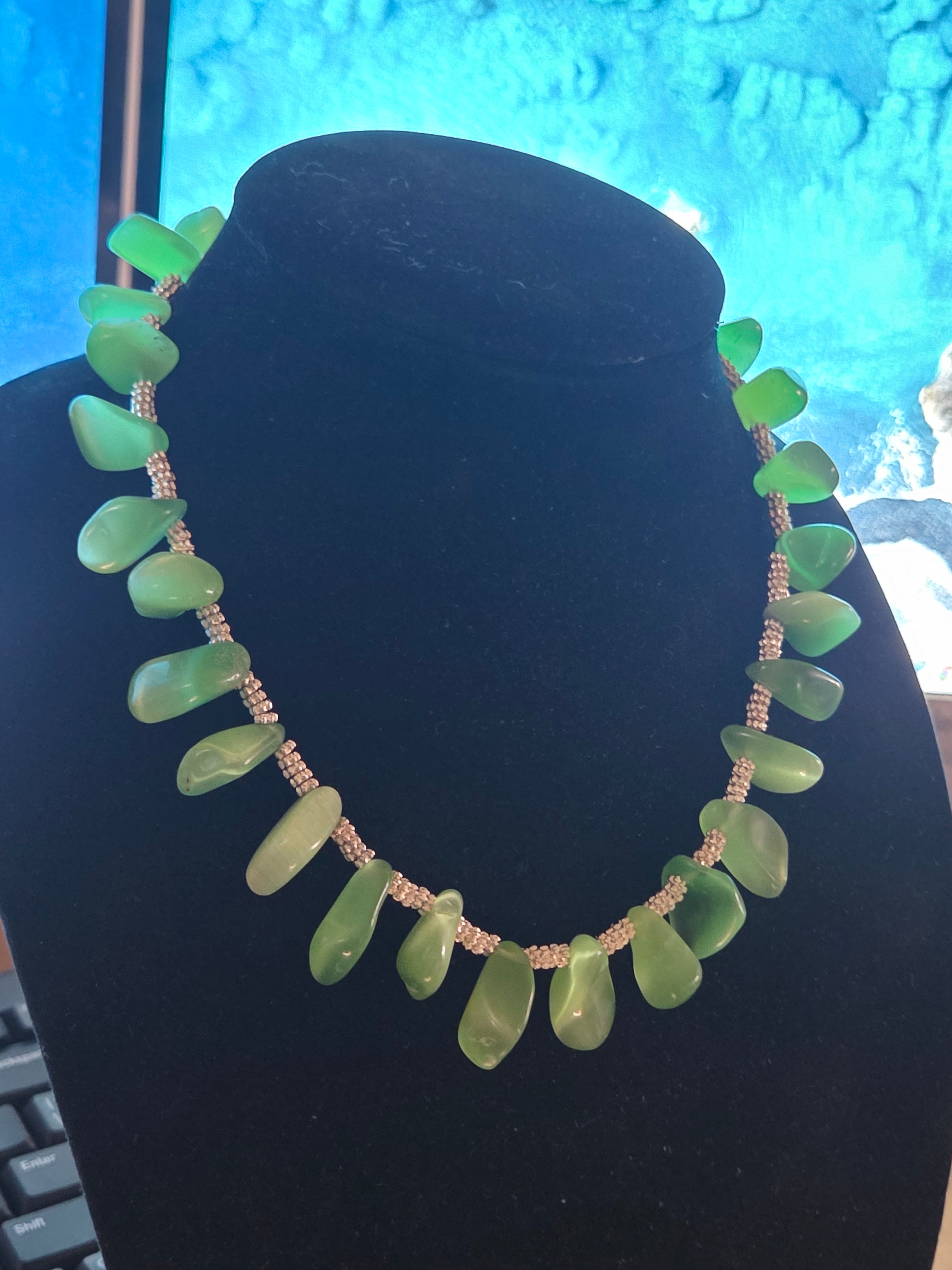Coastal Sea Glass Necklace – Green Ocean Charm with Silver Accents