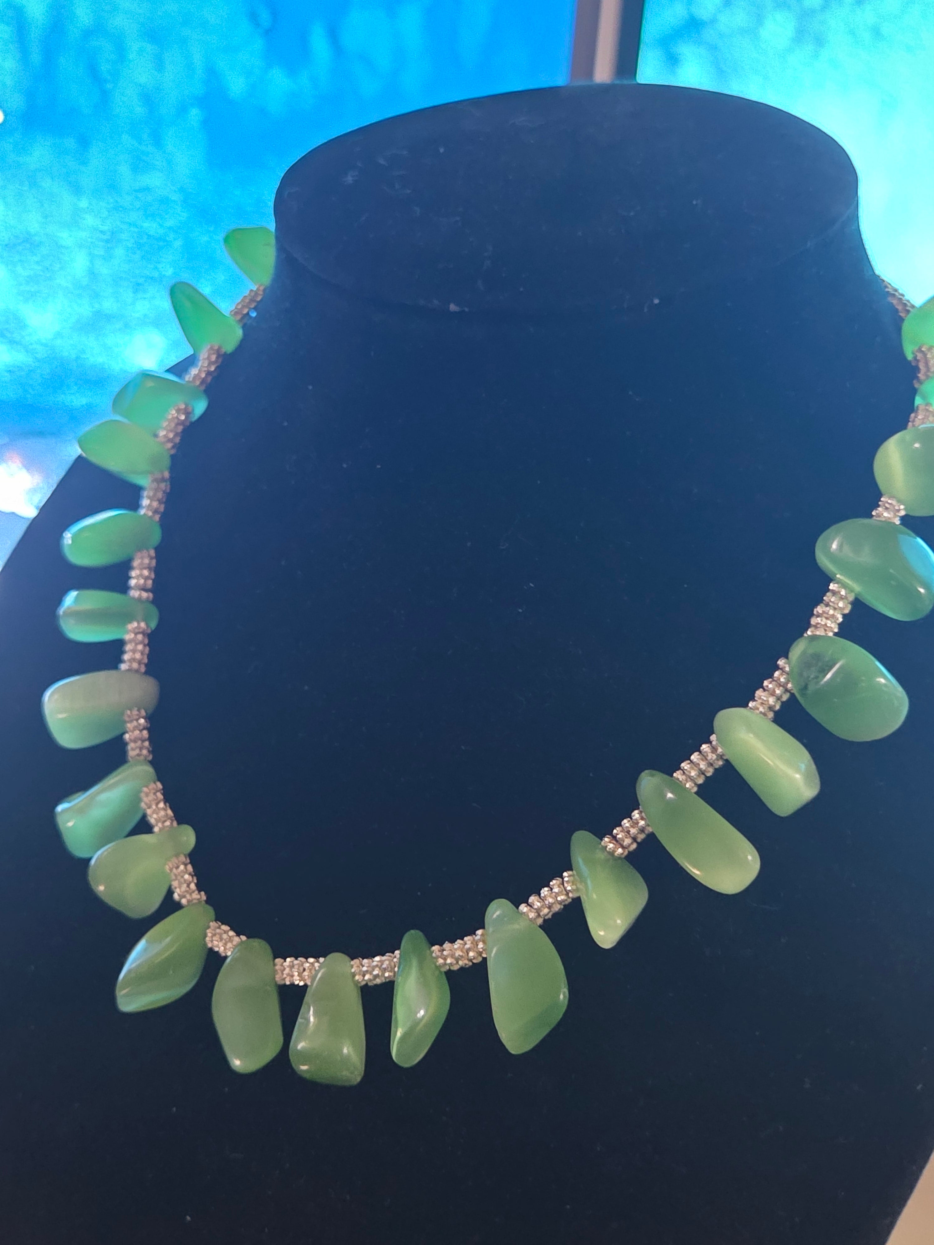 Coastal Sea Glass Necklace – Green Ocean Charm with Silver Accents