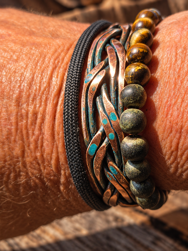 Handmade Braided Copper Cuff Bracelet – Blue Patina, Custom Fit, One-of-a-Kind