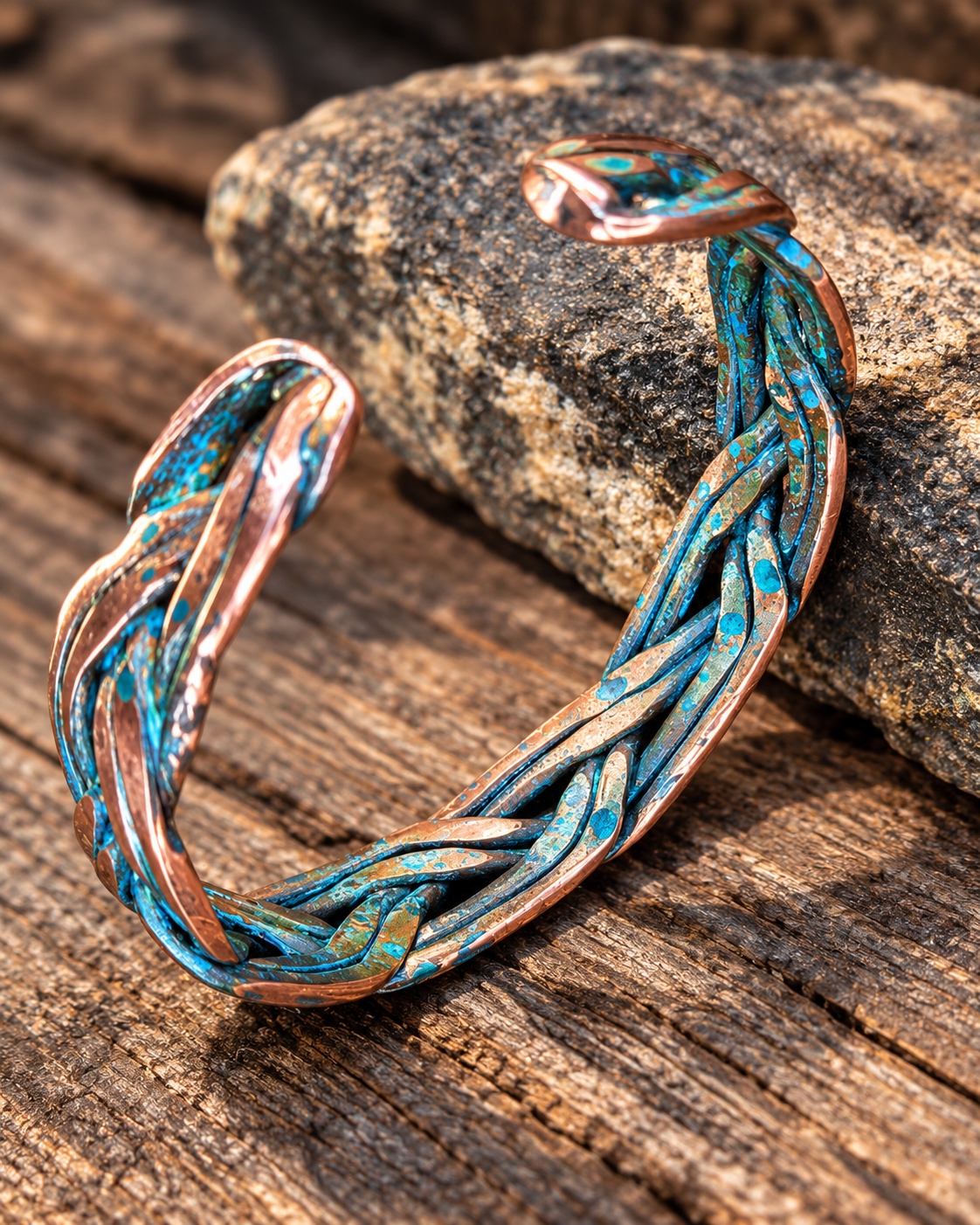 Handmade Braided Copper Cuff Bracelet – Blue Patina, Custom Fit, One-of-a-Kind