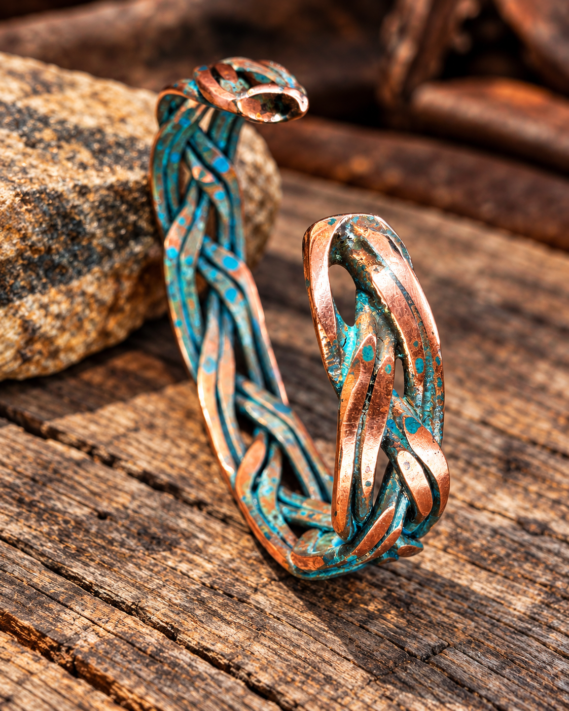 Handmade Braided Copper Cuff Bracelet – Blue Patina, Custom Fit, One-of-a-Kind
