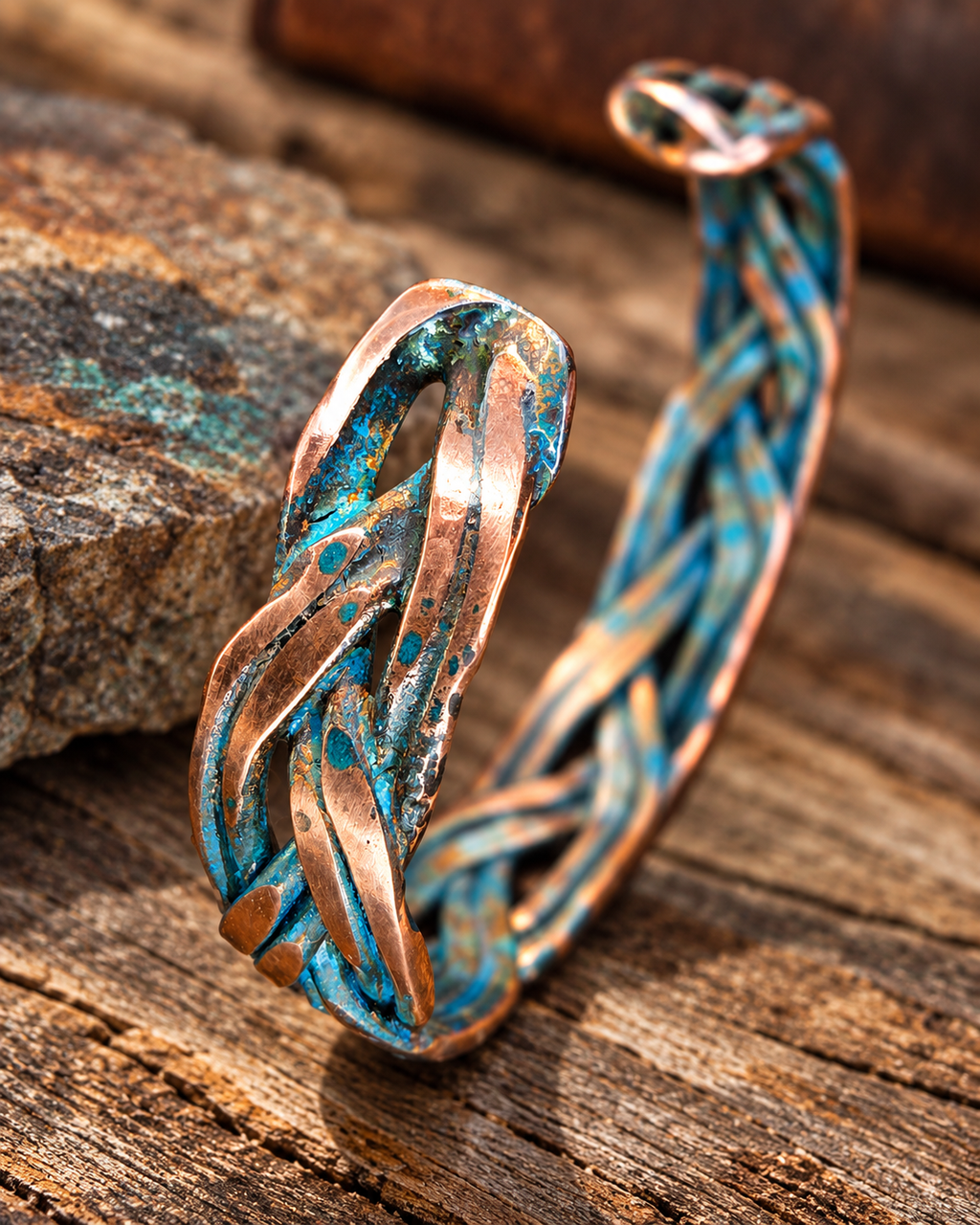 Handmade Braided Copper Cuff Bracelet – Blue Patina, Custom Fit, One-of-a-Kind