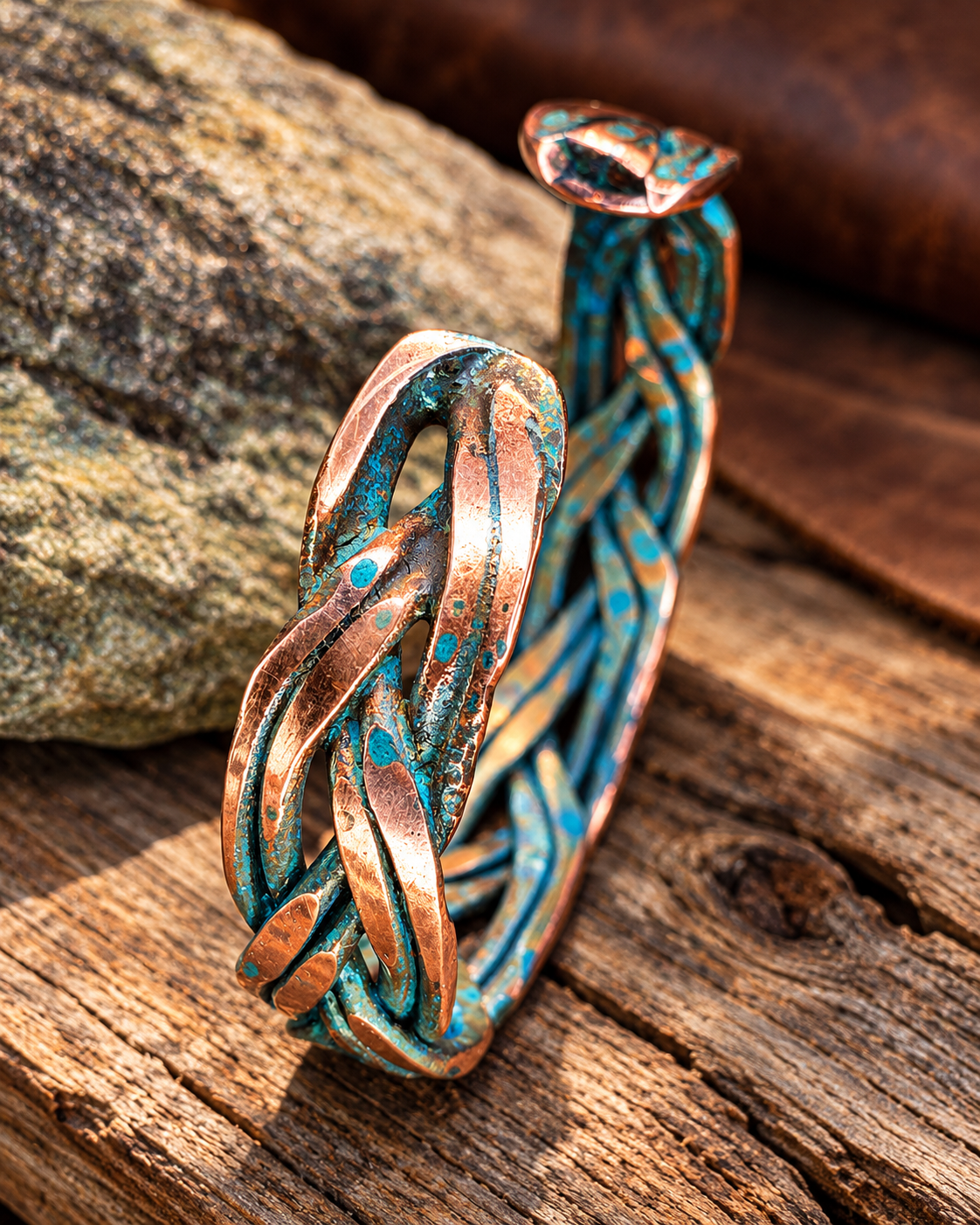 Handmade Braided Copper Cuff Bracelet – Blue Patina, Custom Fit, One-of-a-Kind
