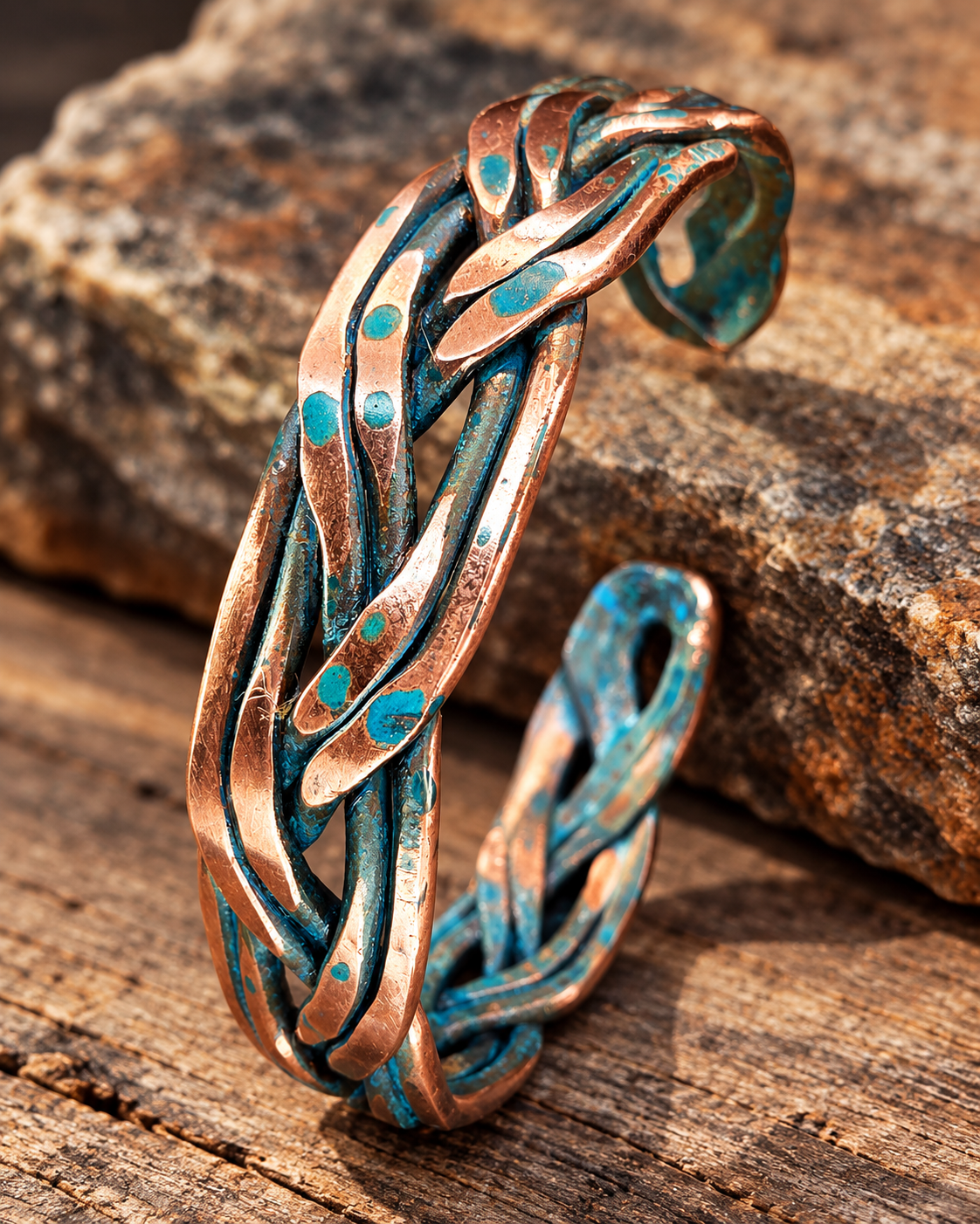 Handmade Braided Copper Cuff Bracelet – Blue Patina, Custom Fit, One-of-a-Kind