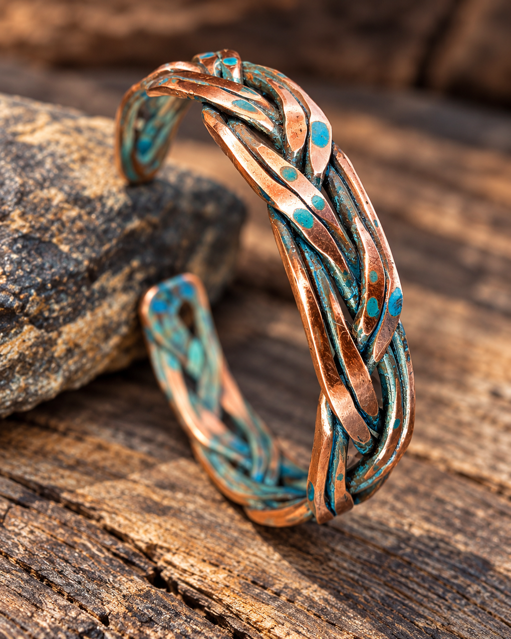 Handmade Braided Copper Cuff Bracelet – Blue Patina, Custom Fit, One-of-a-Kind