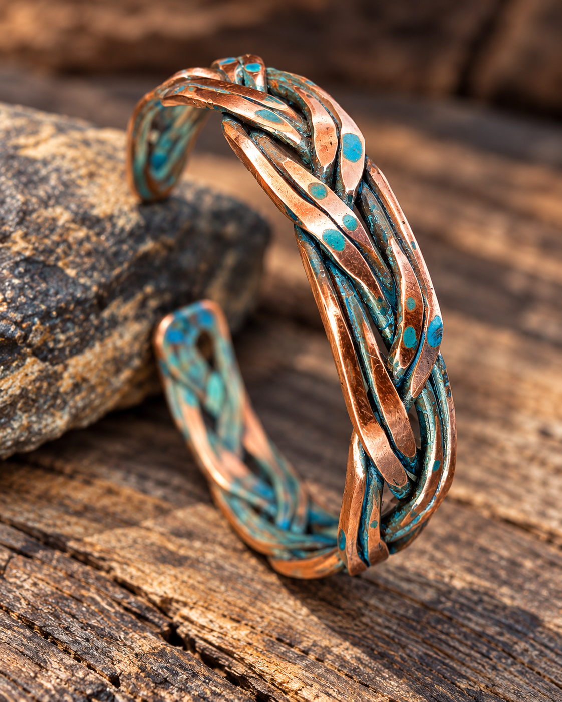 Handmade Braided Copper Cuff Bracelet – Blue Patina, Custom Fit, One-of-a-Kind
