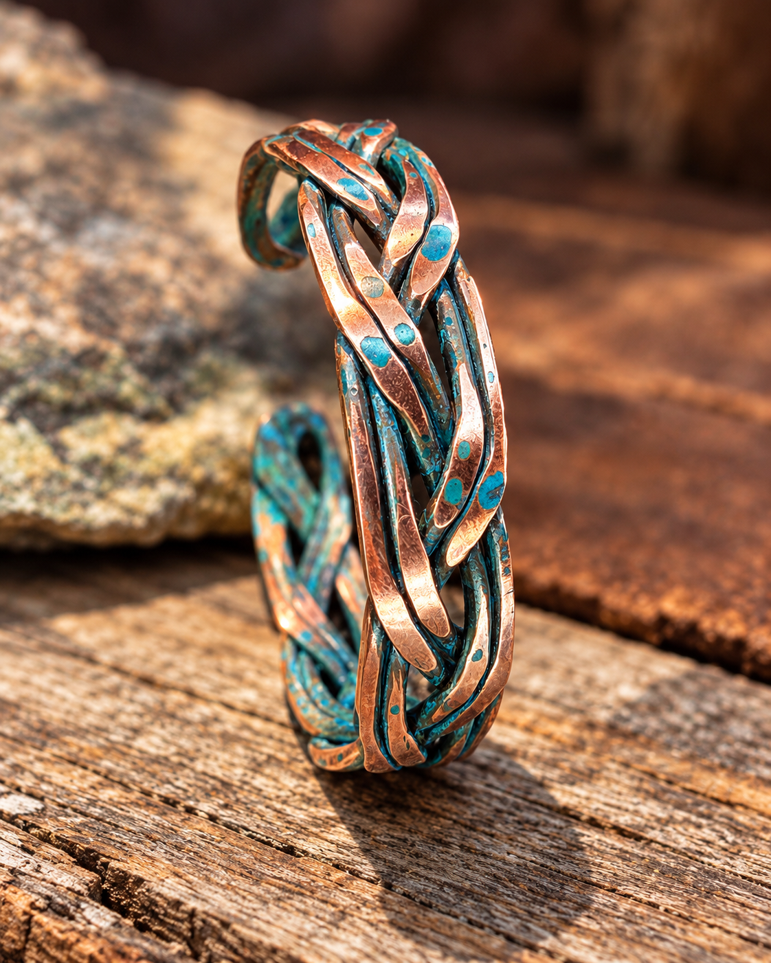 Handmade Braided Copper Cuff Bracelet – Blue Patina, Custom Fit, One-of-a-Kind