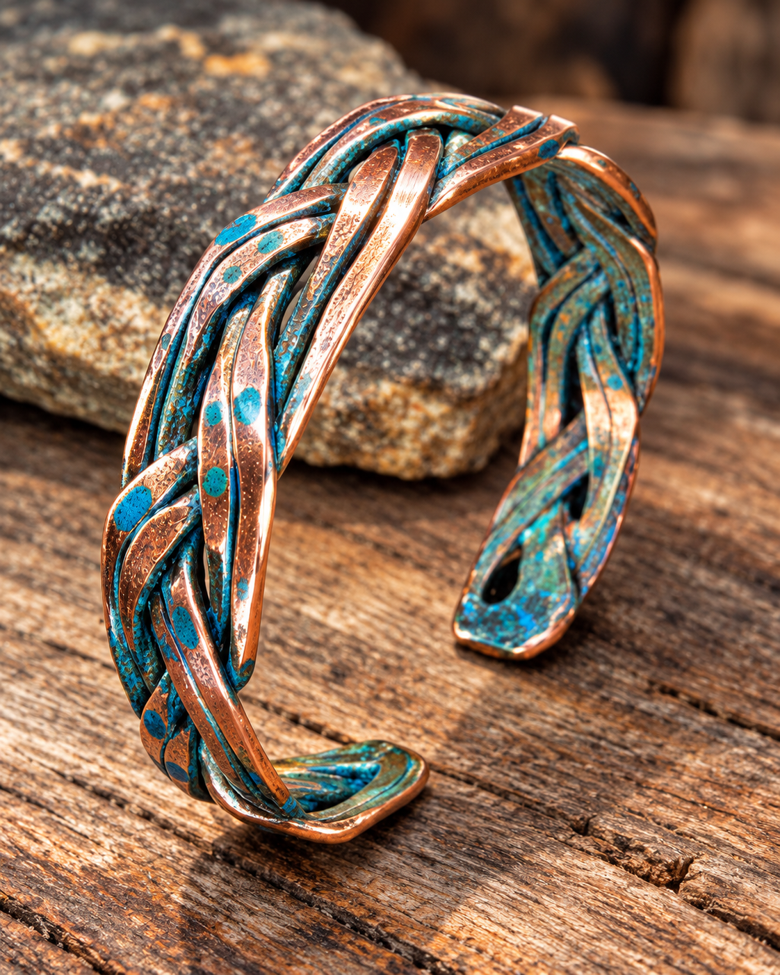 Handmade Braided Copper Cuff Bracelet – Blue Patina, Custom Fit, One-of-a-Kind