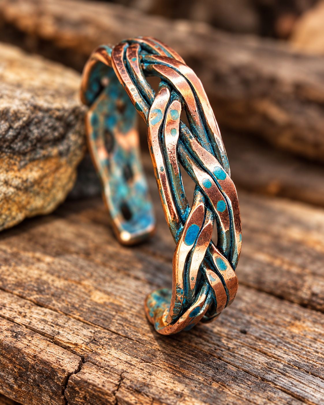 Handmade Braided Copper Cuff Bracelet – Blue Patina, Custom Fit, One-of-a-Kind