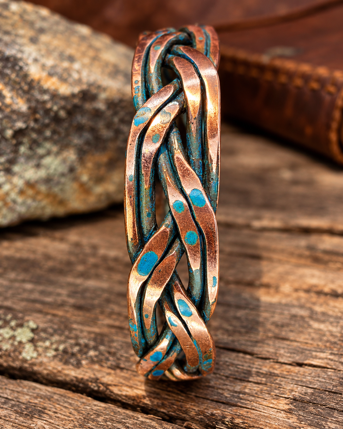 Handmade Braided Copper Cuff Bracelet – Blue Patina, Custom Fit, One-of-a-Kind
