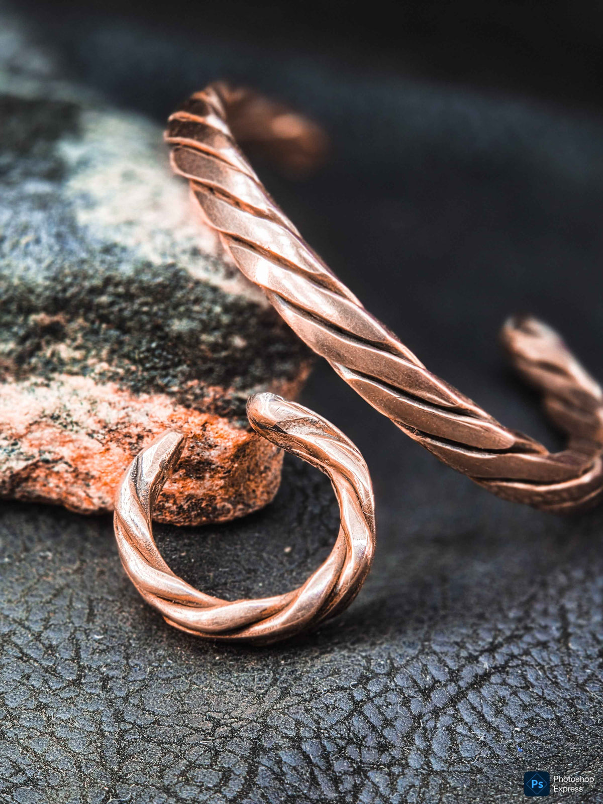 Twisted copper bracelet cuff and ring set