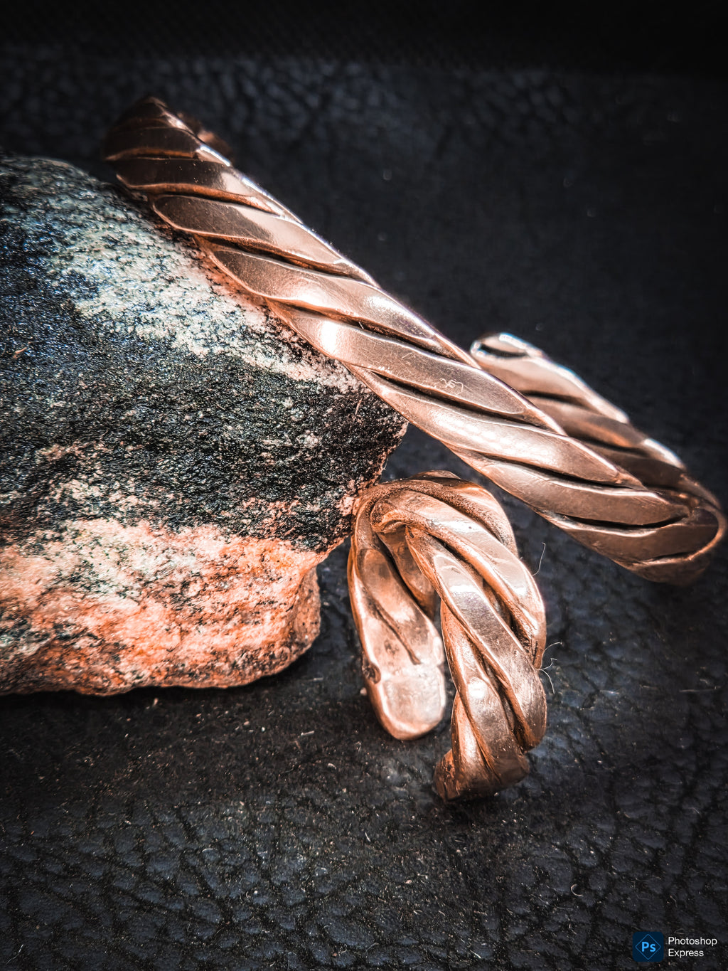 Twisted copper bracelet cuff and ring set