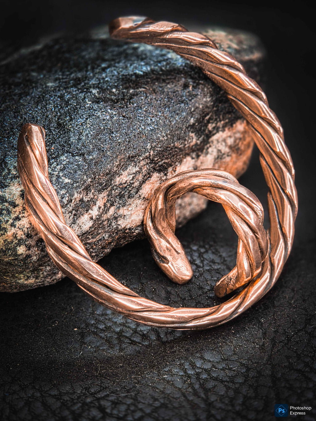 Twisted copper bracelet cuff and ring set