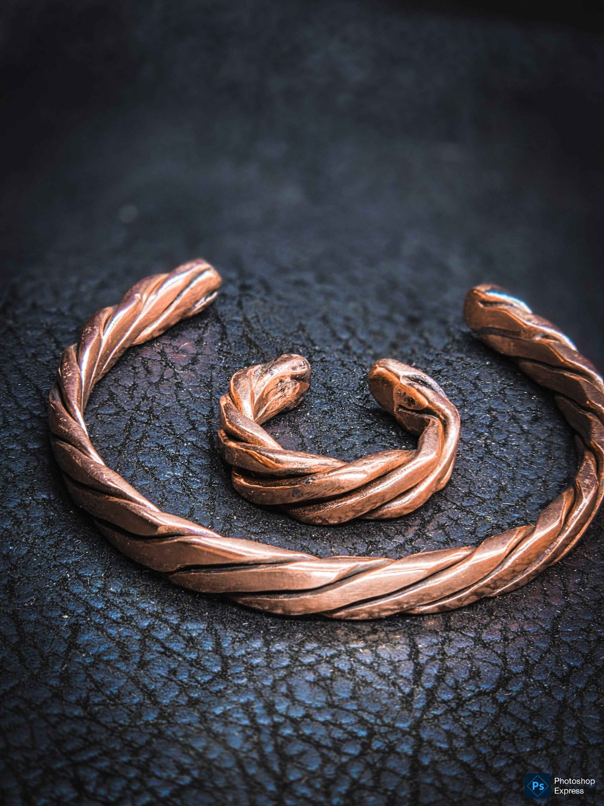 Twisted copper bracelet cuff and ring set