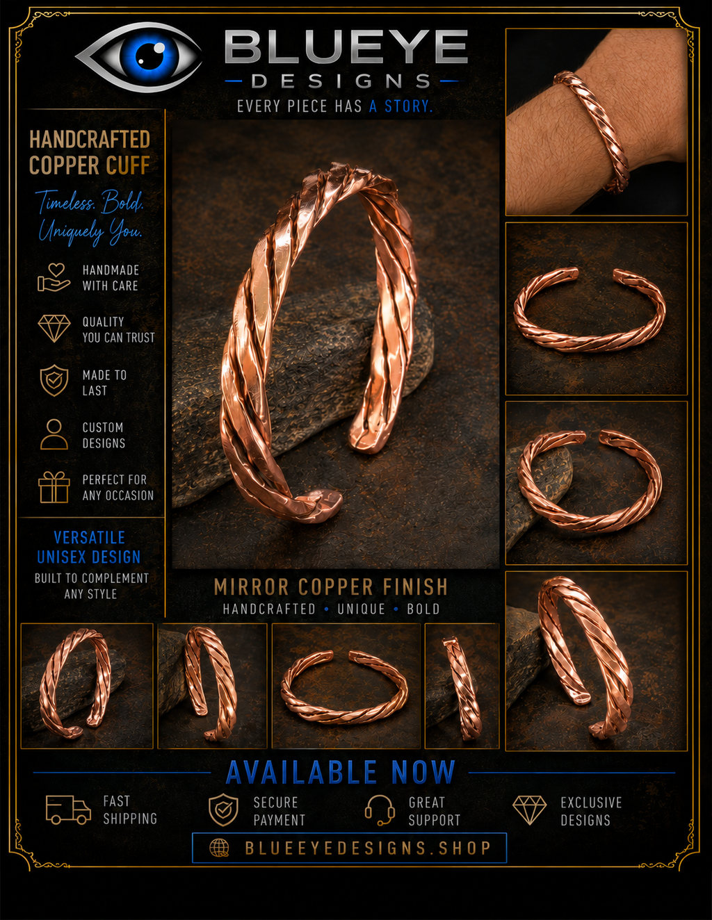BLUEYE DESIGNS Handcrafted Copper Cuff Bracelet