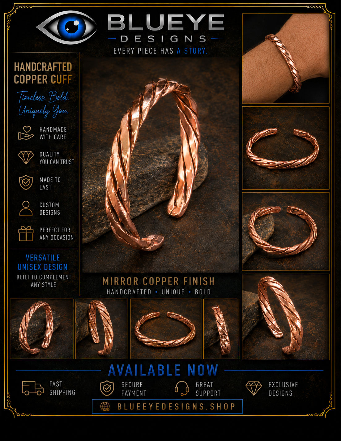 BLUEYE DESIGNS Handcrafted Copper Cuff Bracelet