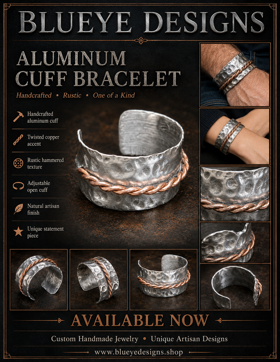 Handcrafted Hammered Aluminum and Copper Cuff Bracelet