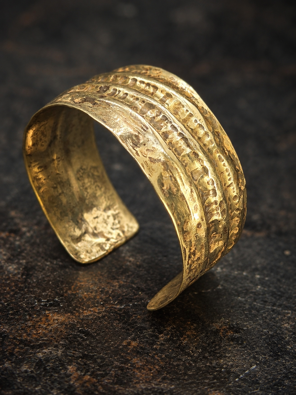 Rustic Hammered Brass Cuff Bracelet – Wide Patina Statement Cuff.