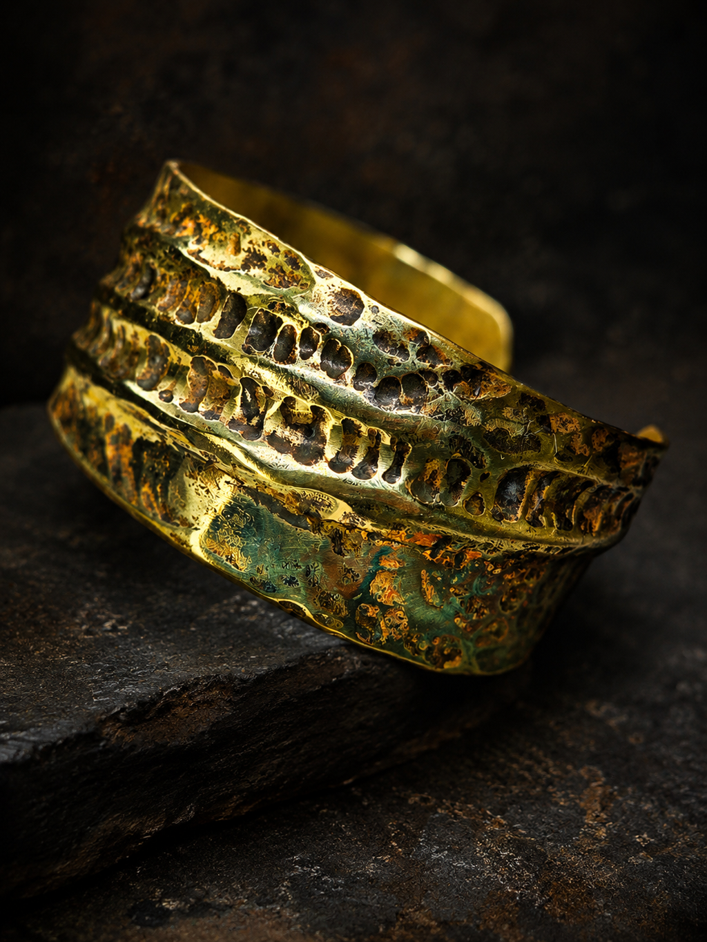 Rustic Hammered Brass Cuff Bracelet – Wide Patina Statement Cuff.