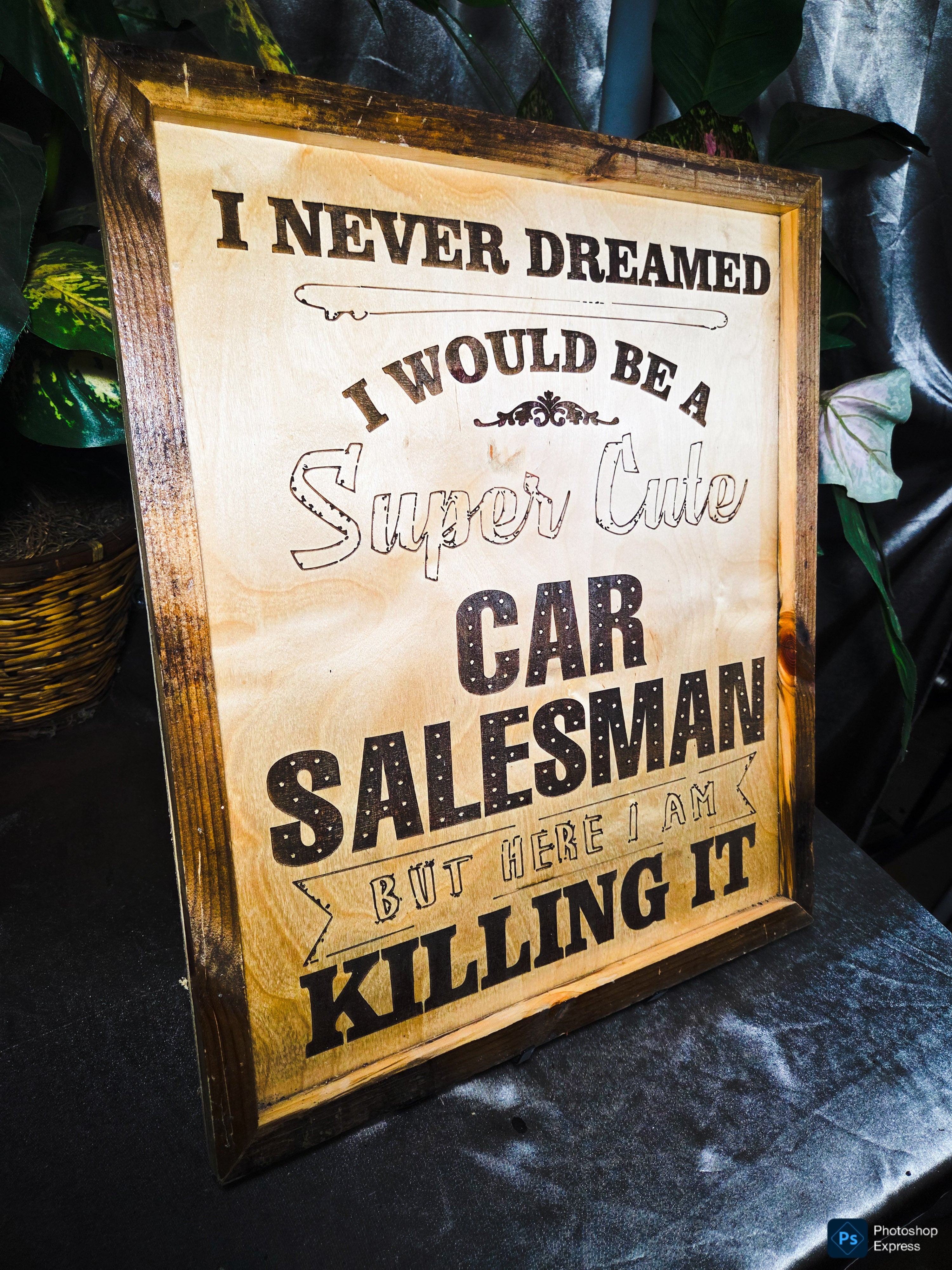 Never dreamed you'd be a super cute car salesman? Well… here you are KILLING IT. 😎
This handmade laser-engraved wood sign is the perfect piece for a car salesman’s office, dealership desk, garage, or man cave.
✔ Handcrafted wood frame
✔ Precision laser e