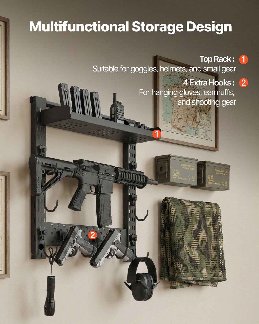 Gun Rack Wall Mount, Heavy Duty Steel, Indoor Rifle Shotgun Rack with J-Hooks, Additional Tray Storage, Gun Accessories Display Storage Holder, Hold Up to 3 Rifles or Shotguns, for Tactical Gear