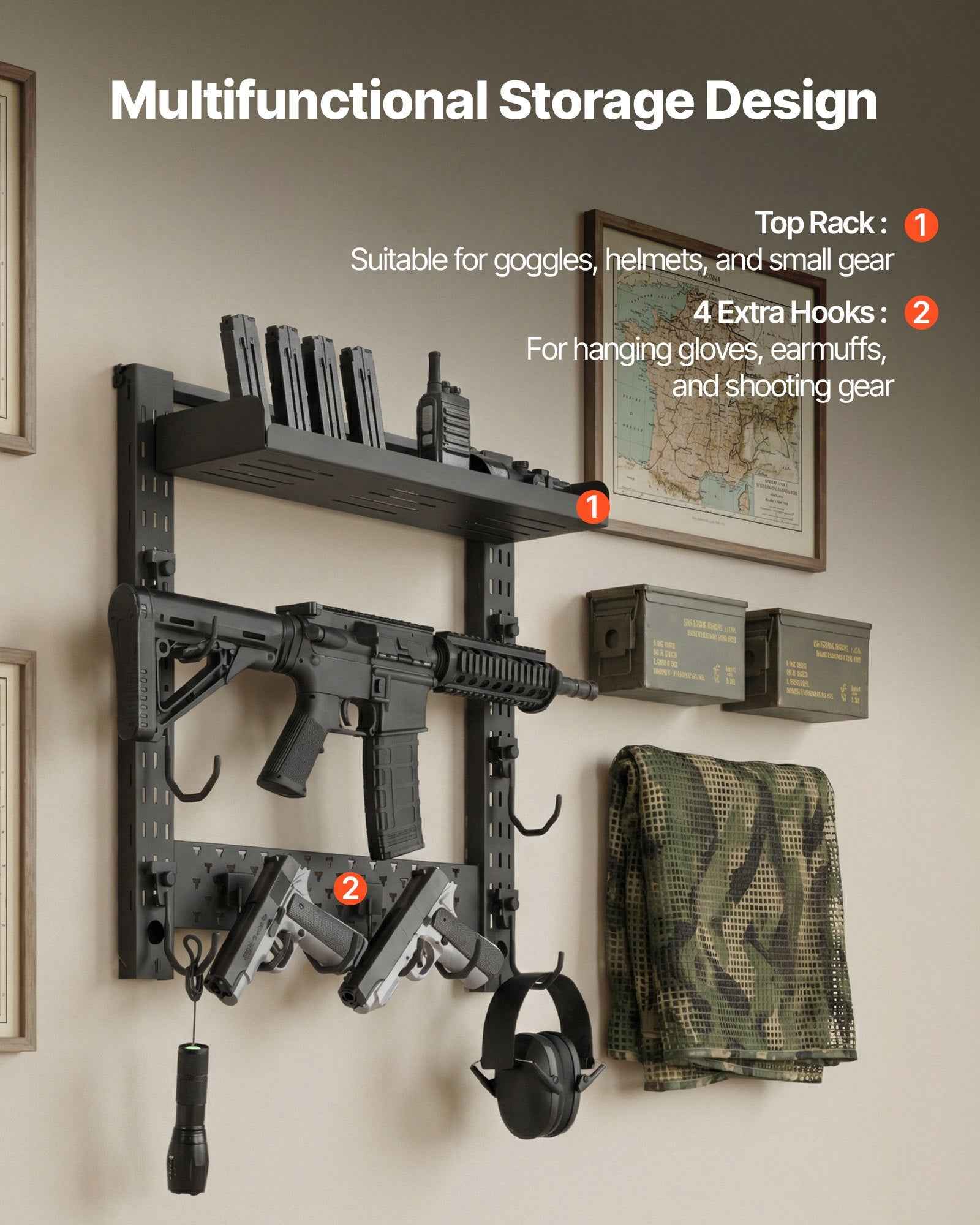 Gun Rack Wall Mount, Heavy Duty Steel, Indoor Rifle Shotgun Rack with J-Hooks, Additional Tray Storage, Gun Accessories Display Storage Holder, Hold Up to 3 Rifles or Shotguns, for Tactical Gear