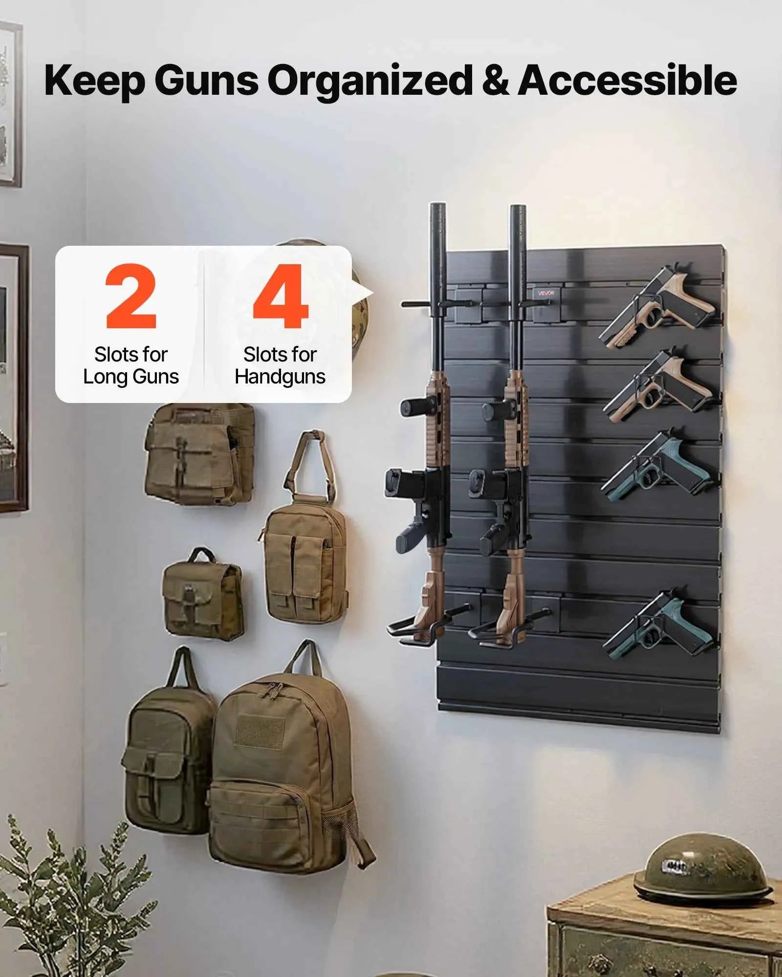 Wall Mount, Tactical Rifle Shotgun Handgun Storage, Heavy-Duty PVC Panels & Steel Wall Racks, Securely Holds up to 2 Rifles & 4 Pistols, Modular Firearms Gun Gear Accessories Organizer