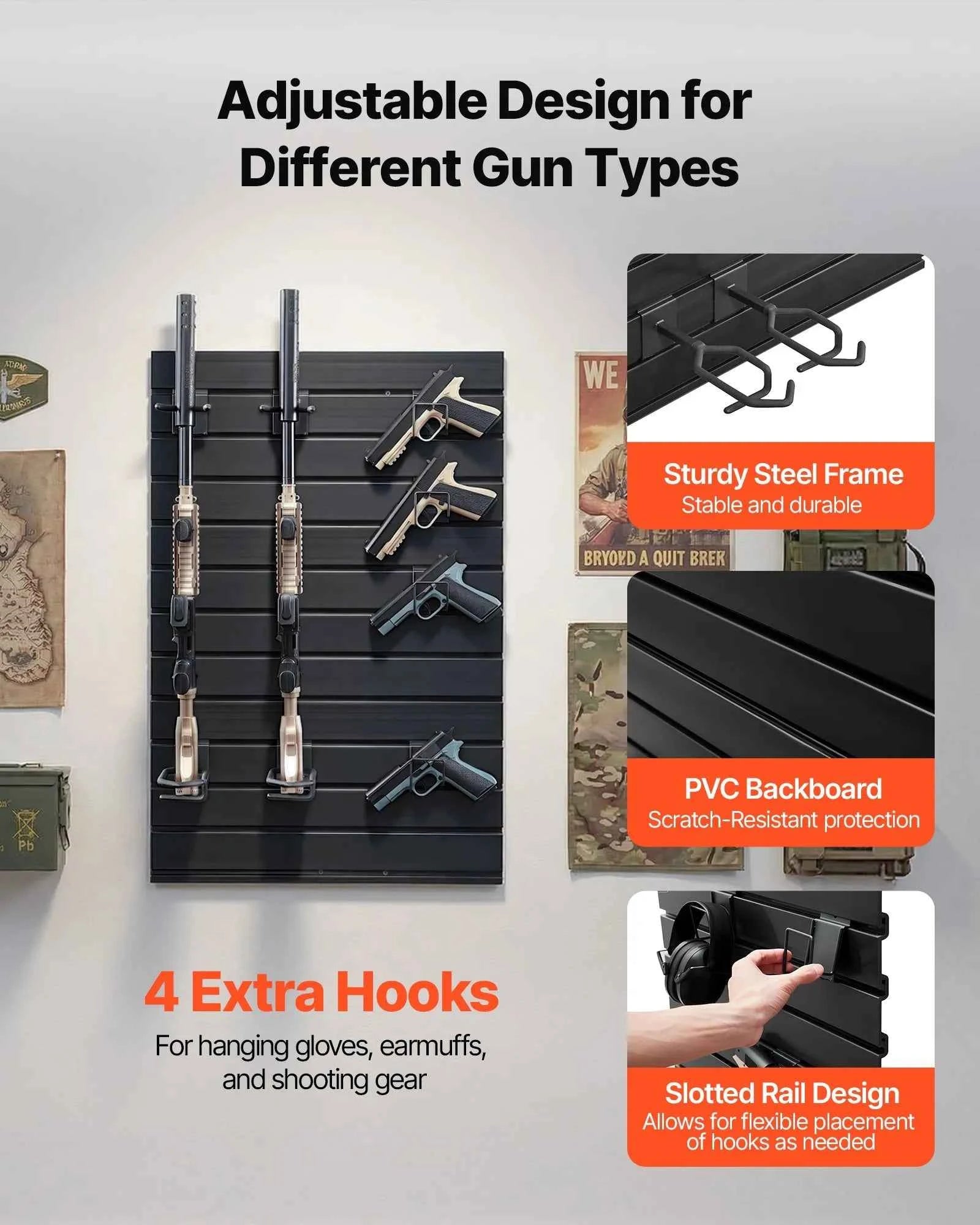Wall Mount, Tactical Rifle Shotgun Handgun Storage, Heavy-Duty PVC Panels & Steel Wall Racks, Securely Holds up to 2 Rifles & 4 Pistols, Modular Firearms Gun Gear Accessories Organizer