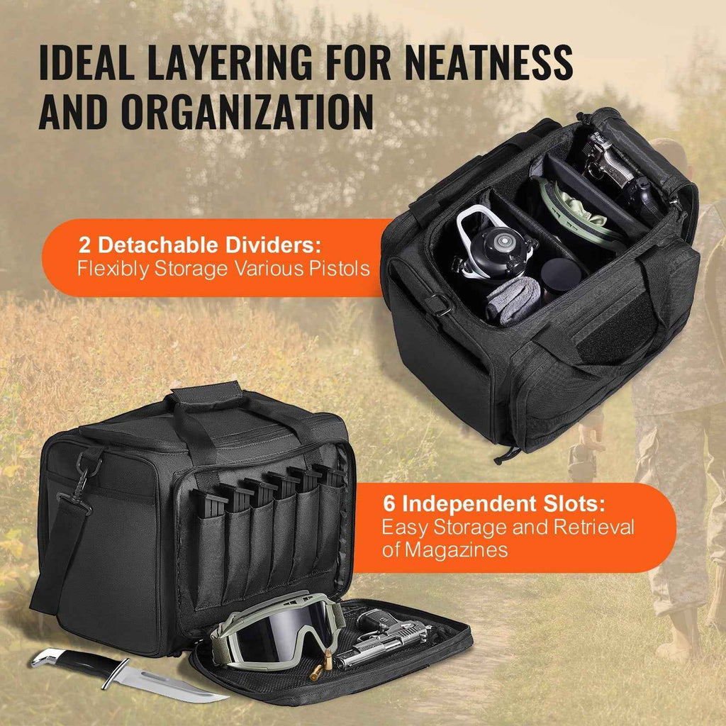 Range Bag for 3 Pistols, Tactical Gun Range Bag with 2 Detachable Baffles & 6 Magazines, Firearm Shooting Handgun Bag for Outdoor Hunting Pistol Bag with Single Shoulder Strip