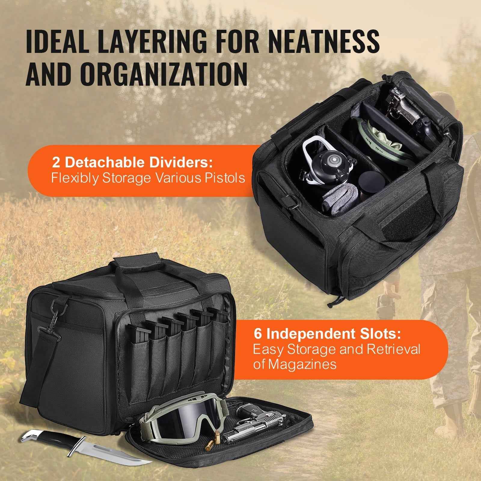 Range Bag for 3 Pistols, Tactical Gun Range Bag with 2 Detachable Baffles & 6 Magazines, Firearm Shooting Handgun Bag for Outdoor Hunting Pistol Bag with Single Shoulder Strip