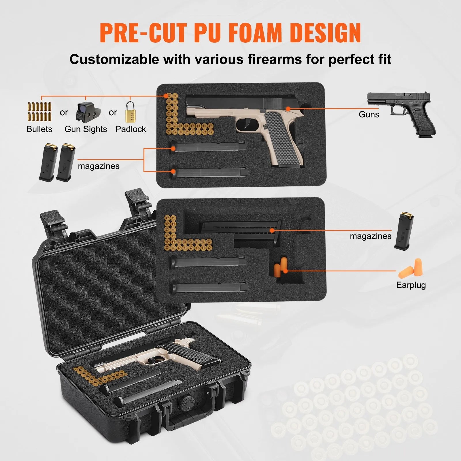 Hard Pistol Cases with Pre-cut PU Foam, Waterproof & Dustproof Hard Gun Case for 1 Pistol, 12.59×9.01×4.4 in Lockable Pistol Case, Black