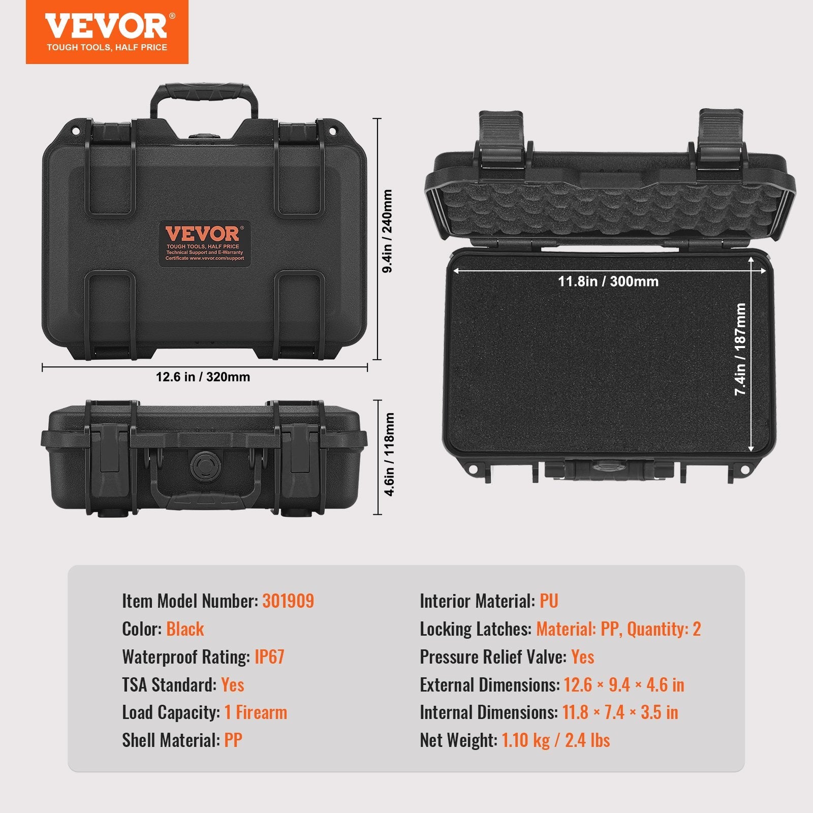 Hard Pistol Cases with Pre-cut PU Foam, Waterproof & Dustproof Hard Gun Case for 1 Pistol, 12.59×9.01×4.4 in Lockable Pistol Case, Black